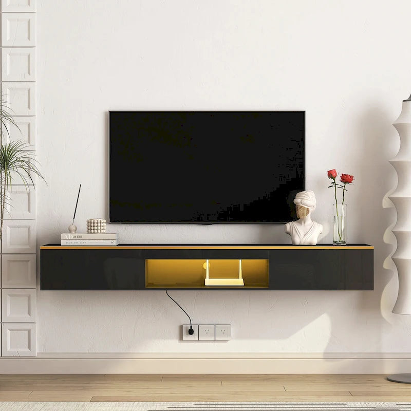 Meuble TV mural flottant avec lumières LED 16 couleurs, noir brillant