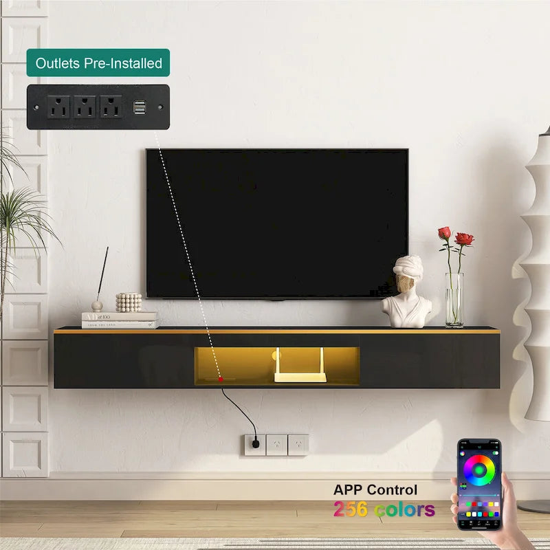Meuble TV mural flottant avec lumières LED 16 couleurs, noir brillant
