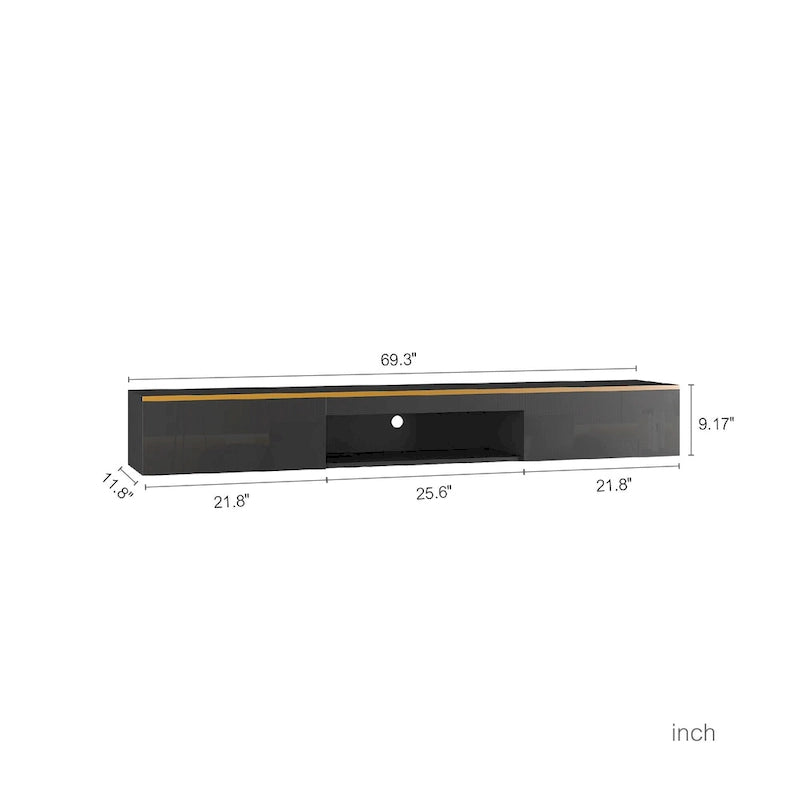 Meuble TV mural flottant avec lumières LED 16 couleurs, noir brillant