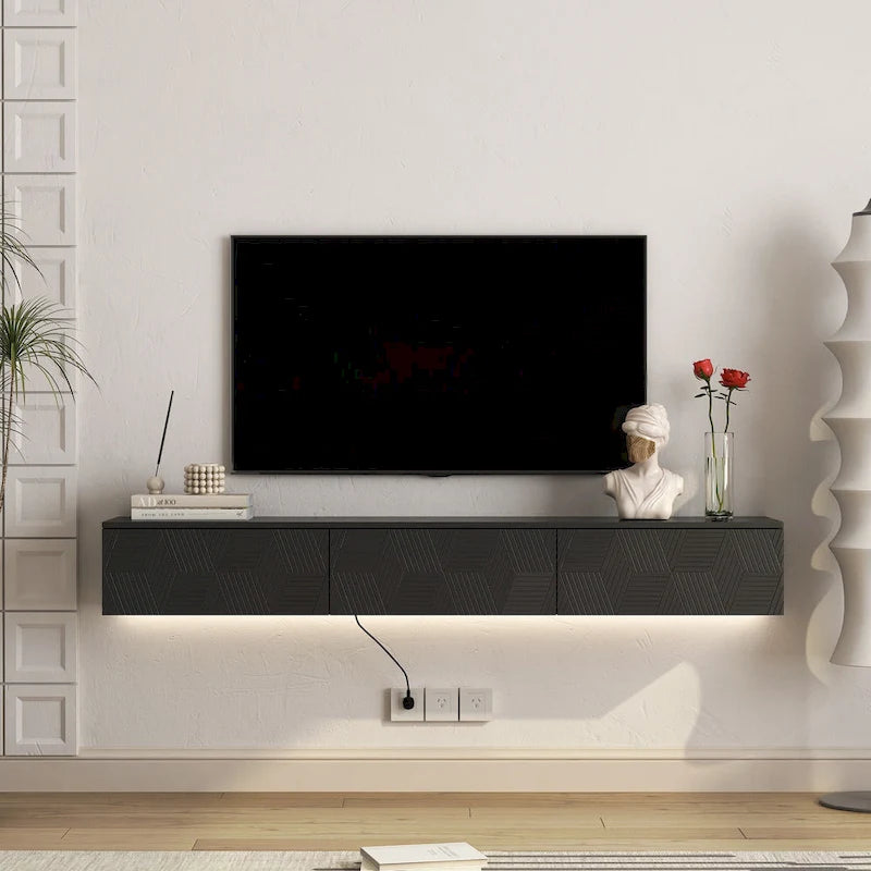 Meuble TV mural flottant avec lumières LED 16 couleurs, noir brillant