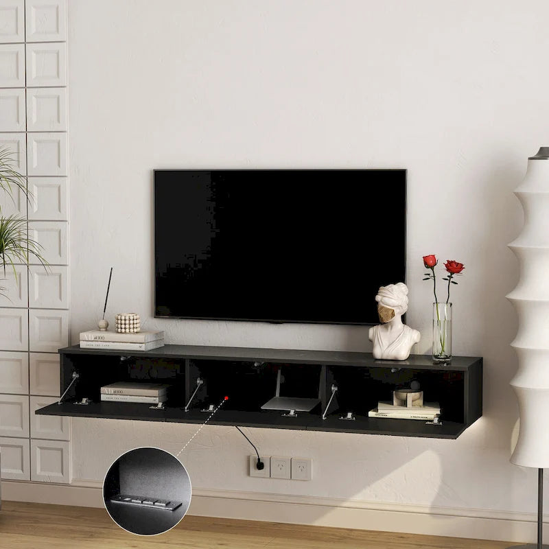Meuble TV mural flottant avec lumières LED 16 couleurs, noir brillant