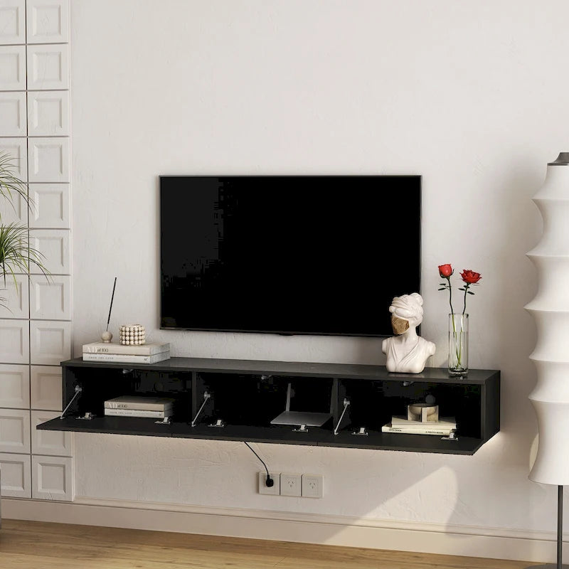 Meuble TV mural flottant avec lumières LED 16 couleurs, noir brillant