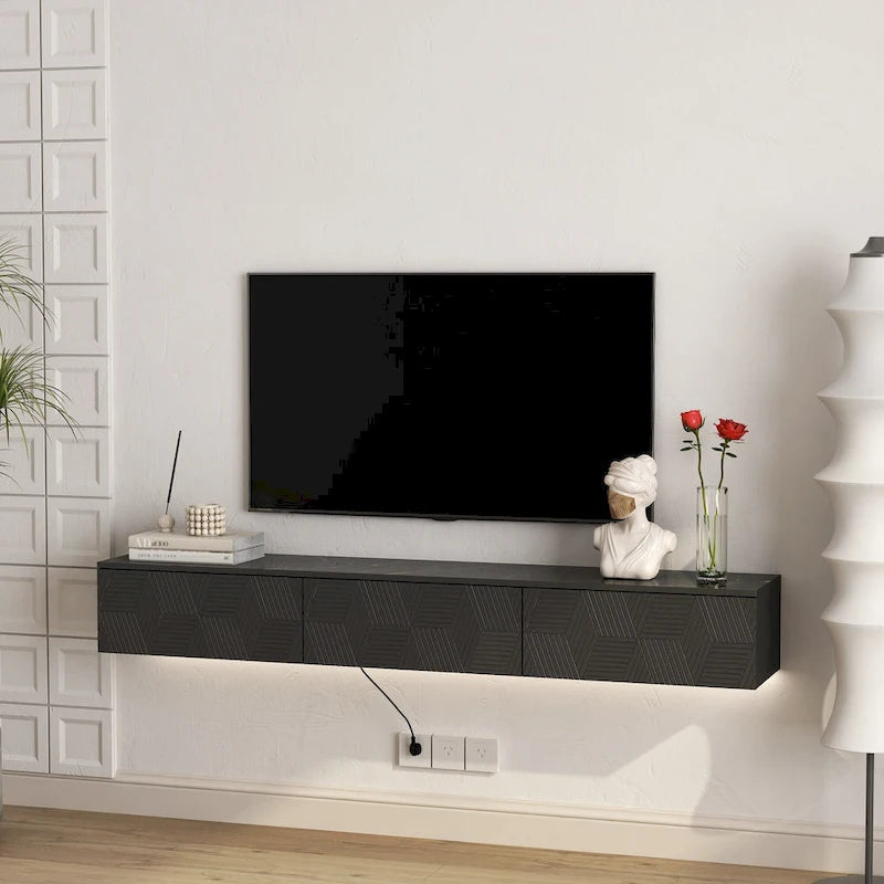 Meuble TV mural flottant avec lumières LED 16 couleurs, noir brillant