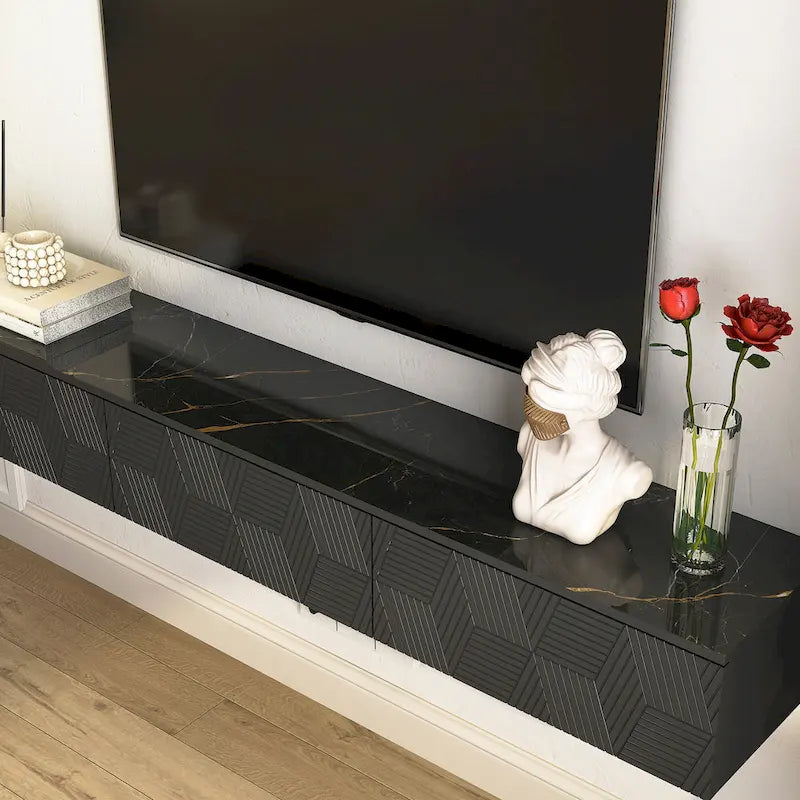 Meuble TV mural flottant avec lumières LED 16 couleurs, noir brillant