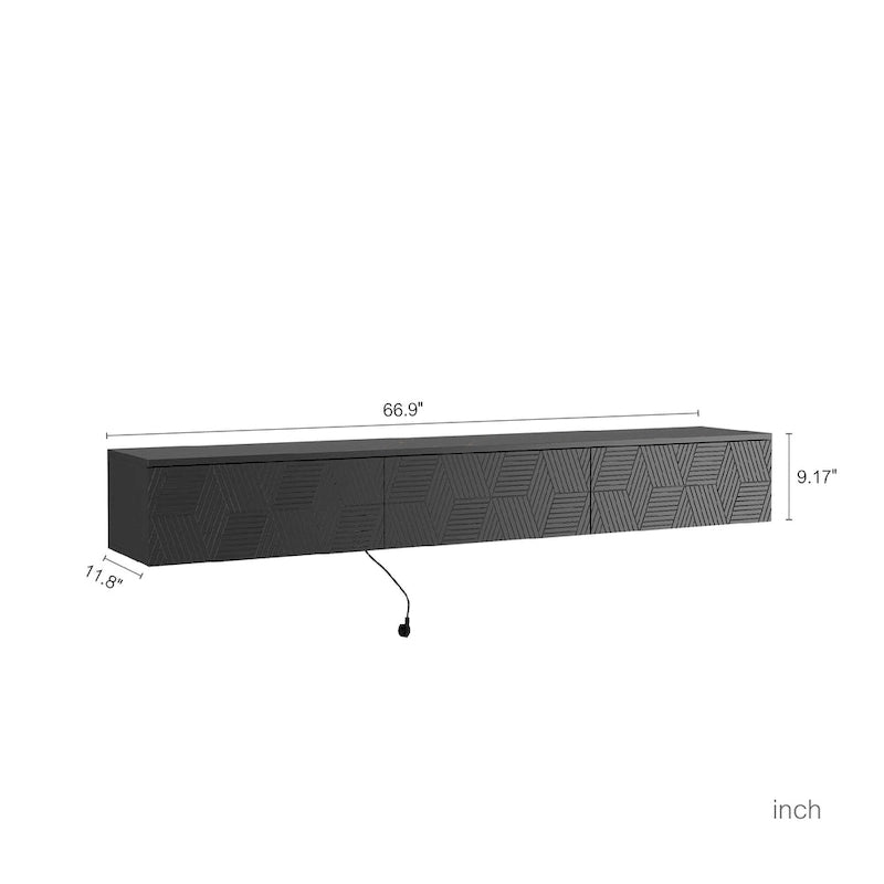 Meuble TV mural flottant avec lumières LED 16 couleurs, noir brillant