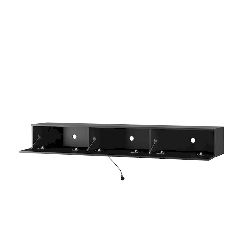 Meuble TV mural flottant avec lumières LED 16 couleurs, noir brillant