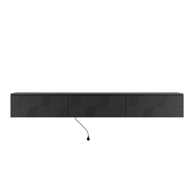 Meuble TV mural flottant avec lumières LED 16 couleurs, noir brillant