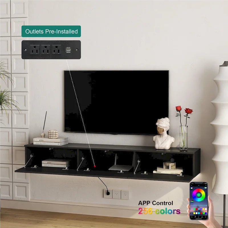 Meuble TV mural flottant avec lumières LED 16 couleurs, noir brillant