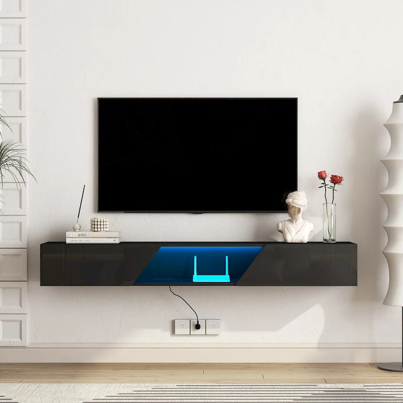 Meuble TV mural flottant avec lumières LED 16 couleurs, noir brillant