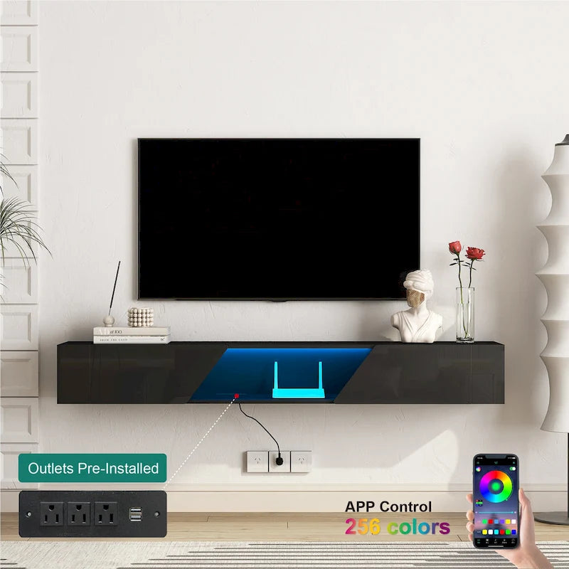 Meuble TV mural flottant avec lumières LED 16 couleurs, noir brillant