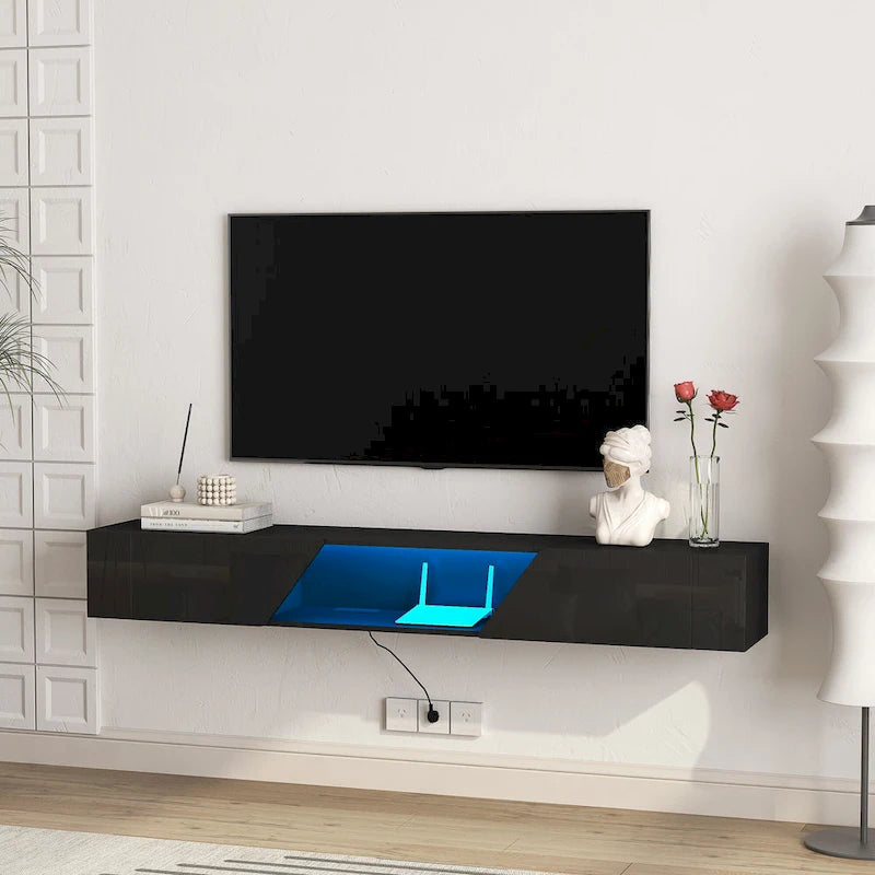 Meuble TV mural flottant avec lumières LED 16 couleurs, noir brillant