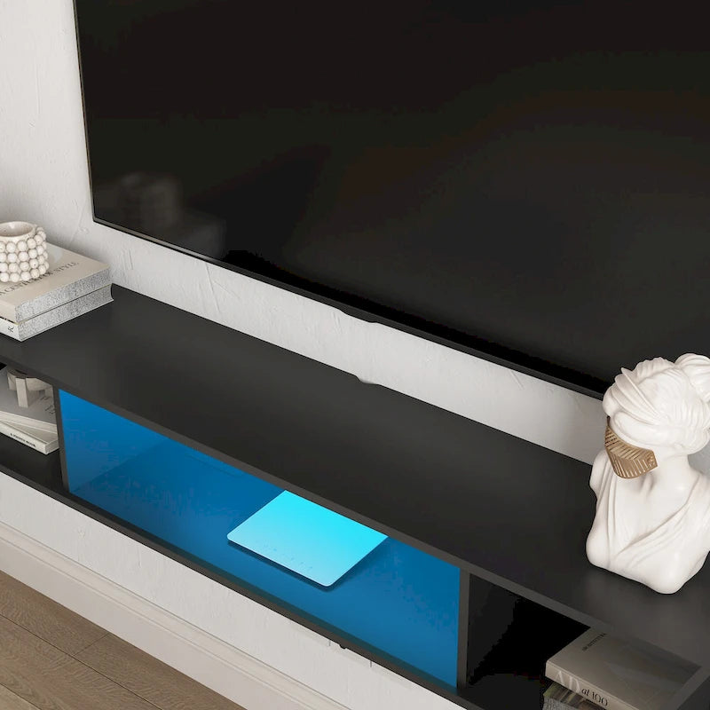 Meuble TV mural flottant avec lumières LED 16 couleurs, noir brillant