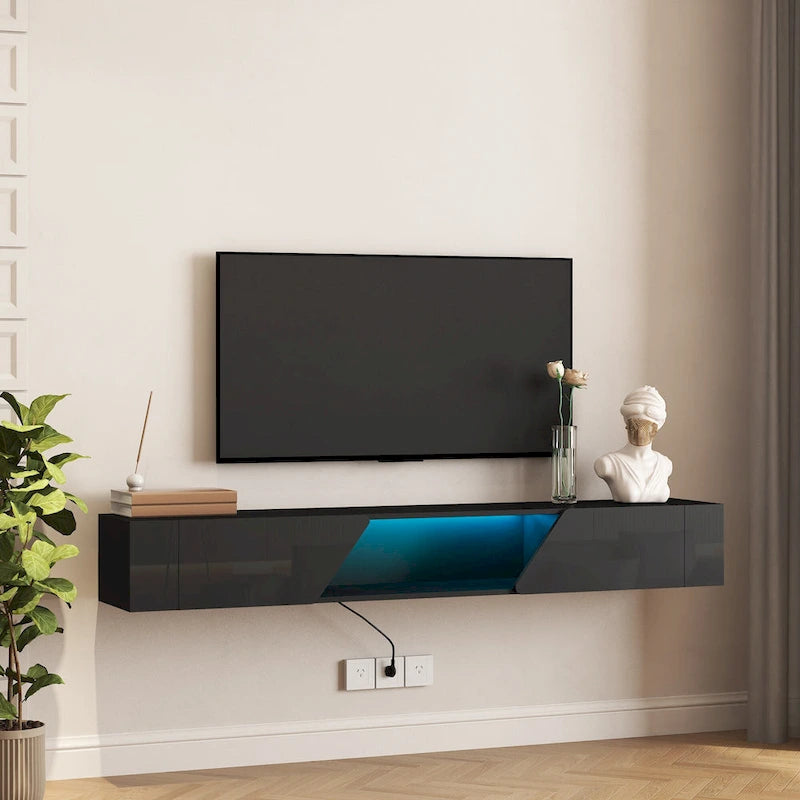 Meuble TV mural flottant avec lumières LED 16 couleurs, noir brillant