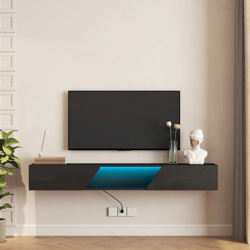 Meuble TV mural flottant avec lumières LED 16 couleurs, noir brillant