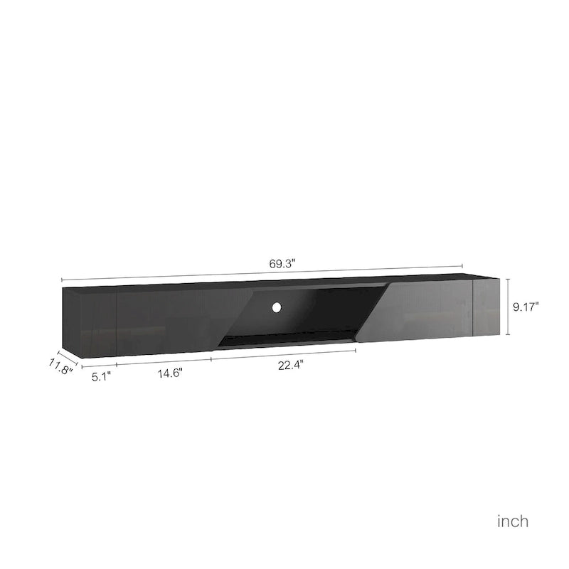 Meuble TV mural flottant avec lumières LED 16 couleurs, noir brillant