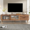 Meuble TV en noyer avec portes coulissantes en verre et tiroirs de rangement
