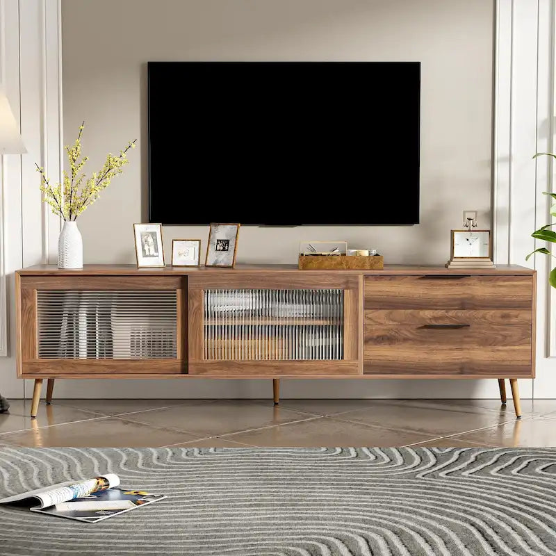 Walnut Wood TV Stand with Glass Sliding Doors and Storage Drawers