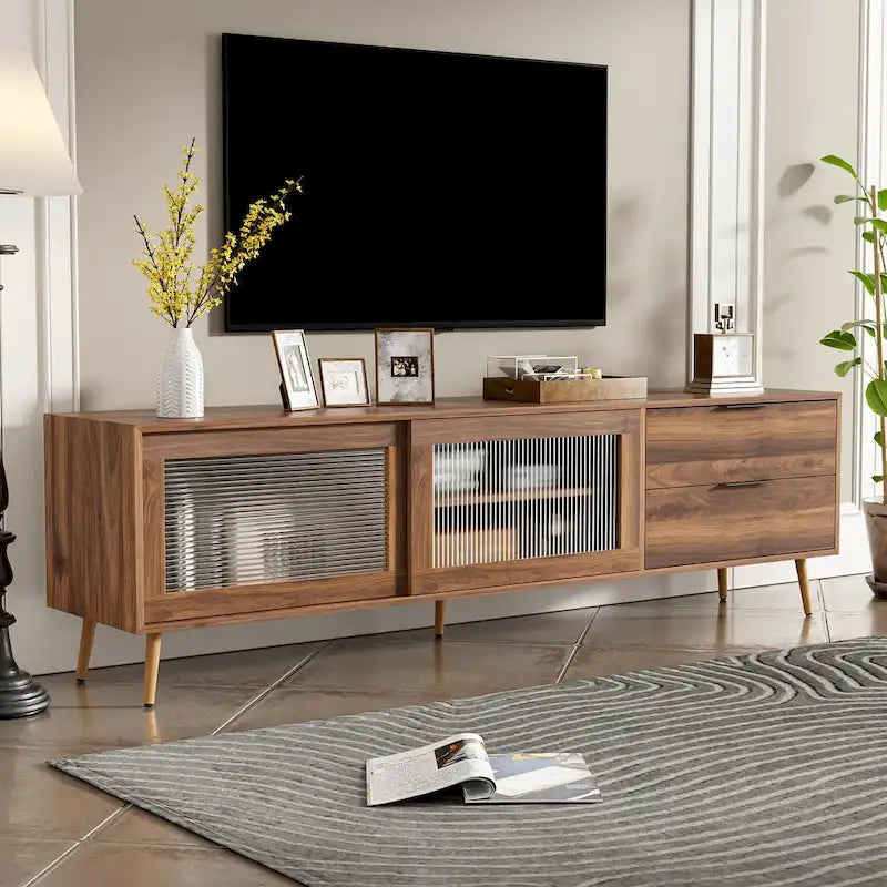 Walnut Wood TV Stand with Glass Sliding Doors and Storage Drawers