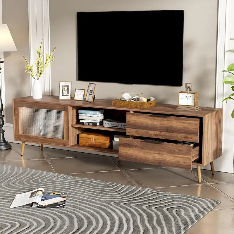 Walnut Wood TV Stand with Glass Sliding Doors and Storage Drawers