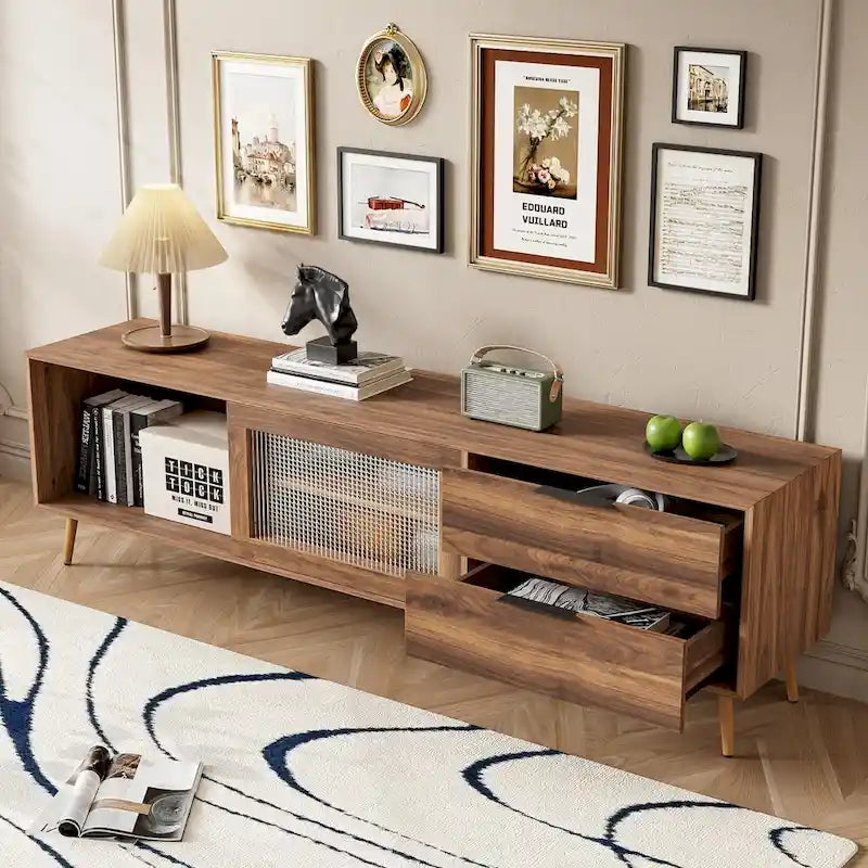 Walnut Wood TV Stand with Glass Sliding Doors and Storage Drawers