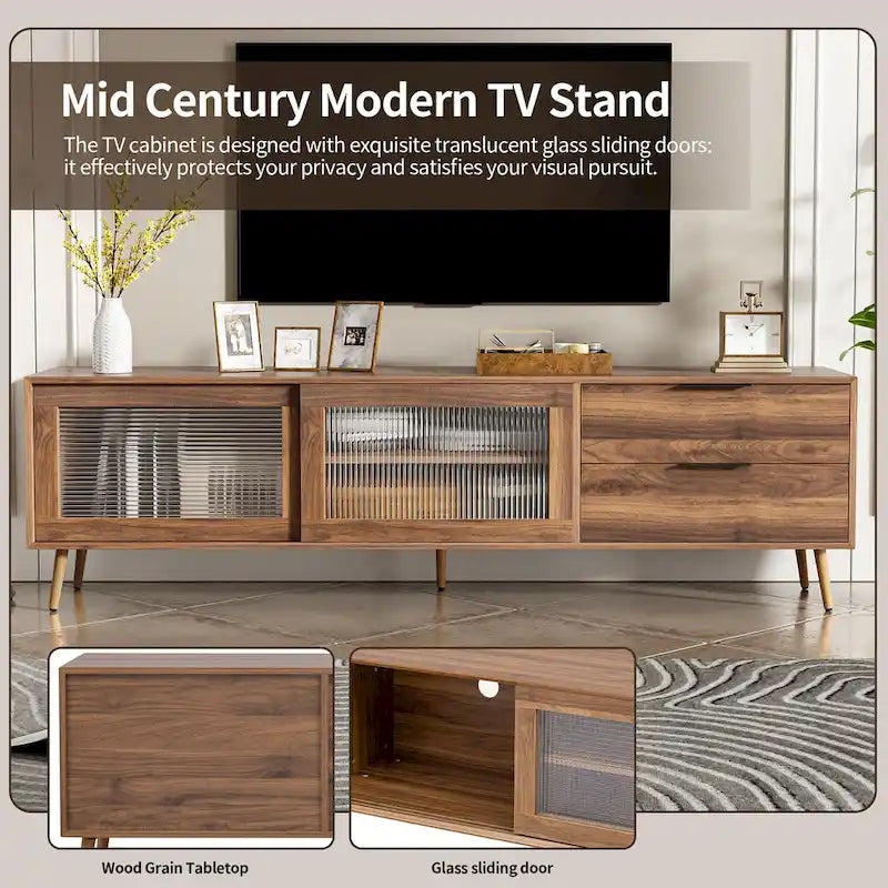 Meuble TV en noyer avec portes coulissantes en verre et tiroirs de rangement