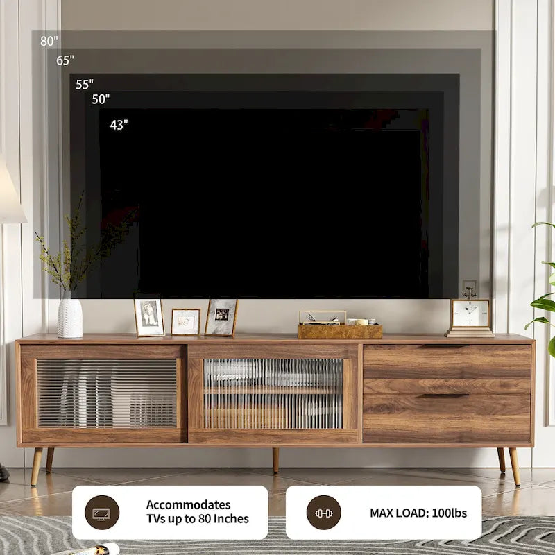 Meuble TV en noyer avec portes coulissantes en verre et tiroirs de rangement