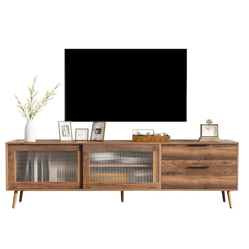 Meuble TV en noyer avec portes coulissantes en verre et tiroirs de rangement