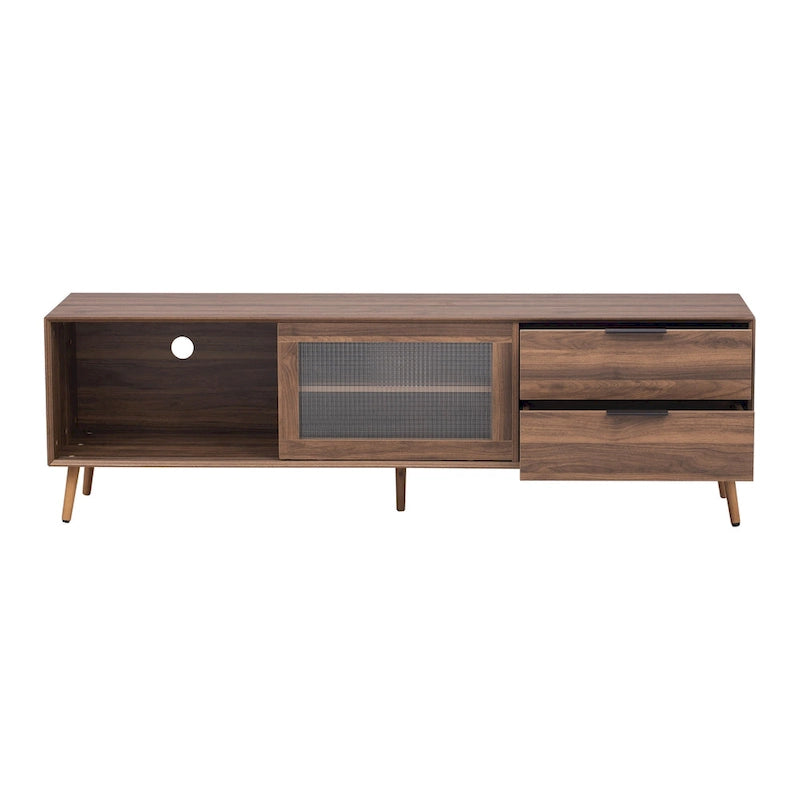 Meuble TV en noyer avec portes coulissantes en verre et tiroirs de rangement