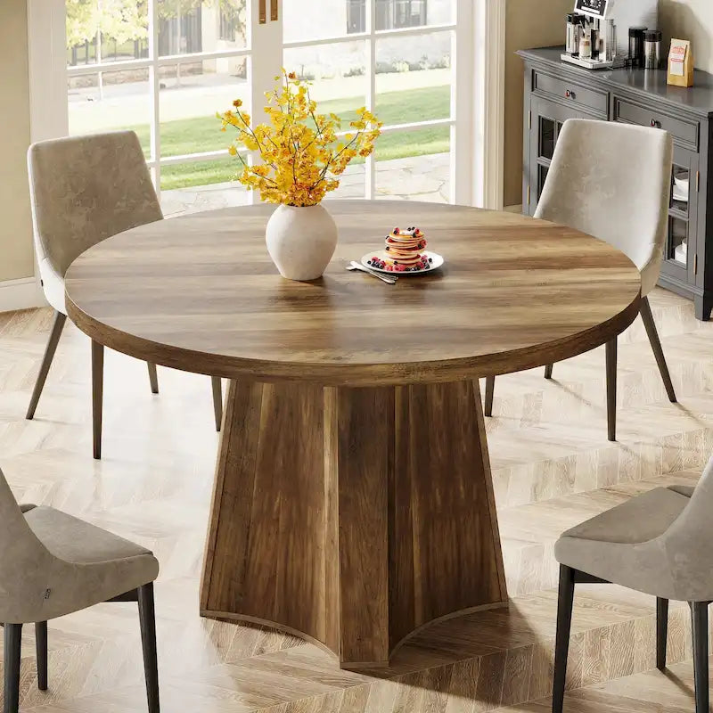 Round Brown Wood Pedestal Dining Table Farmhouse Style Seats 4-6