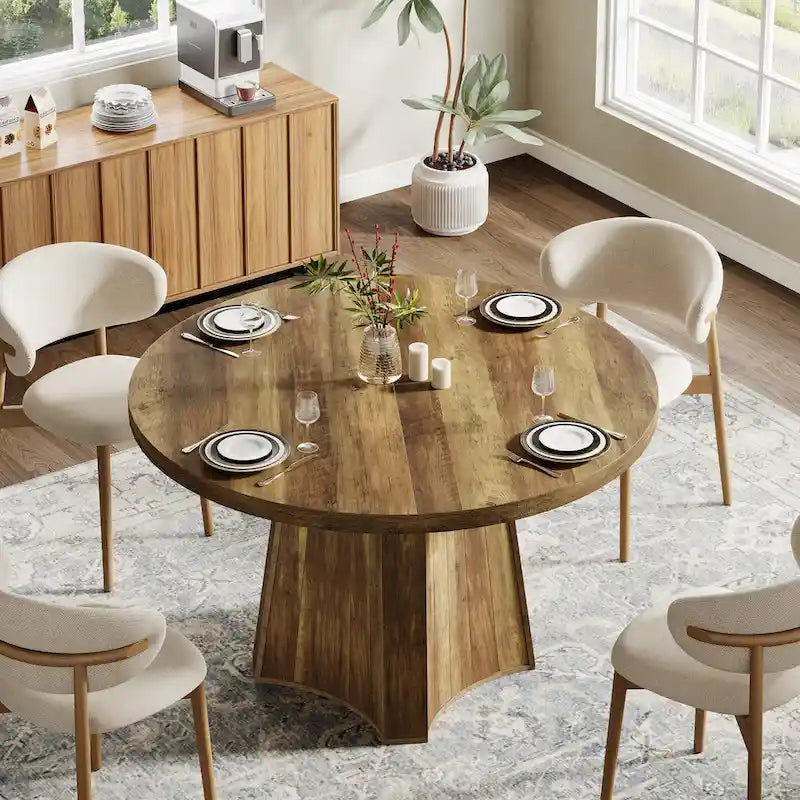 Round Brown Wood Pedestal Dining Table Farmhouse Style Seats 4-6