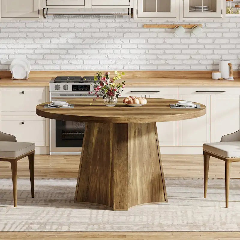 Table à manger ronde sur pied en bois marron de style rustique pour 4 à 6 personnes