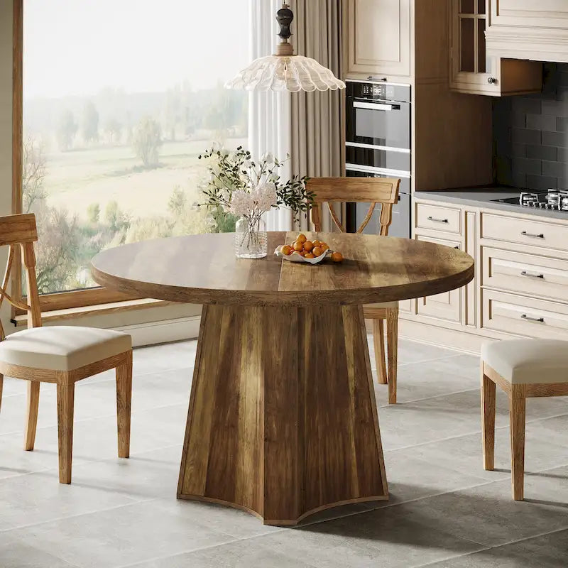 Table à manger ronde sur pied en bois marron de style rustique pour 4 à 6 personnes