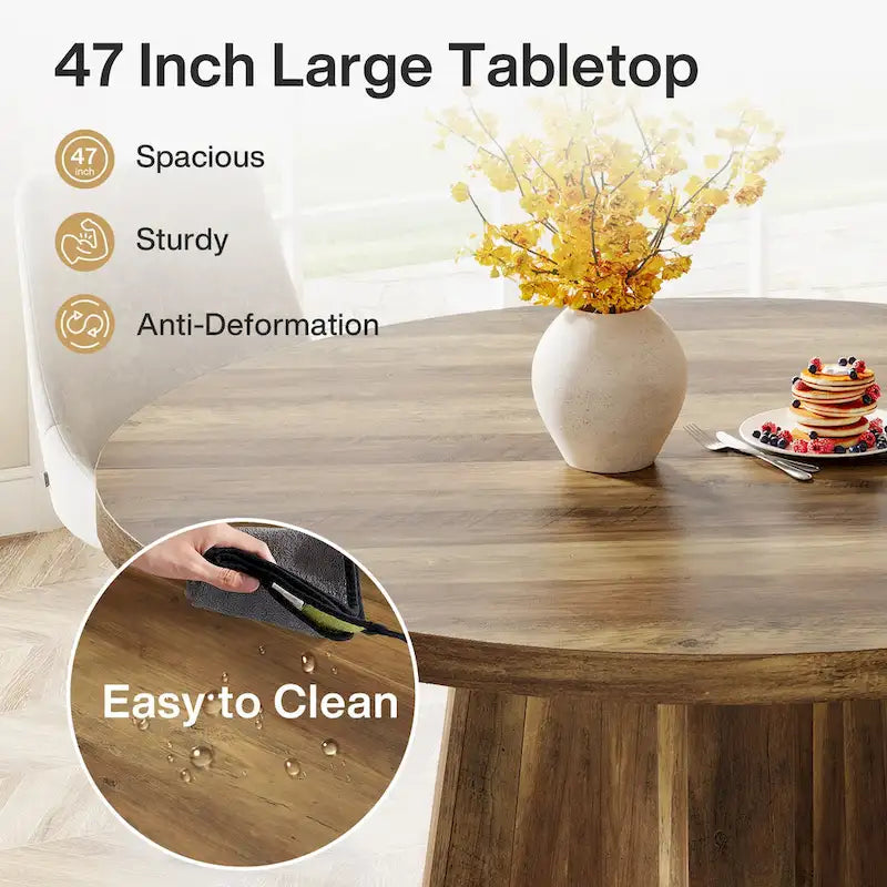 Round Brown Wood Pedestal Dining Table Farmhouse Style Seats 4-6