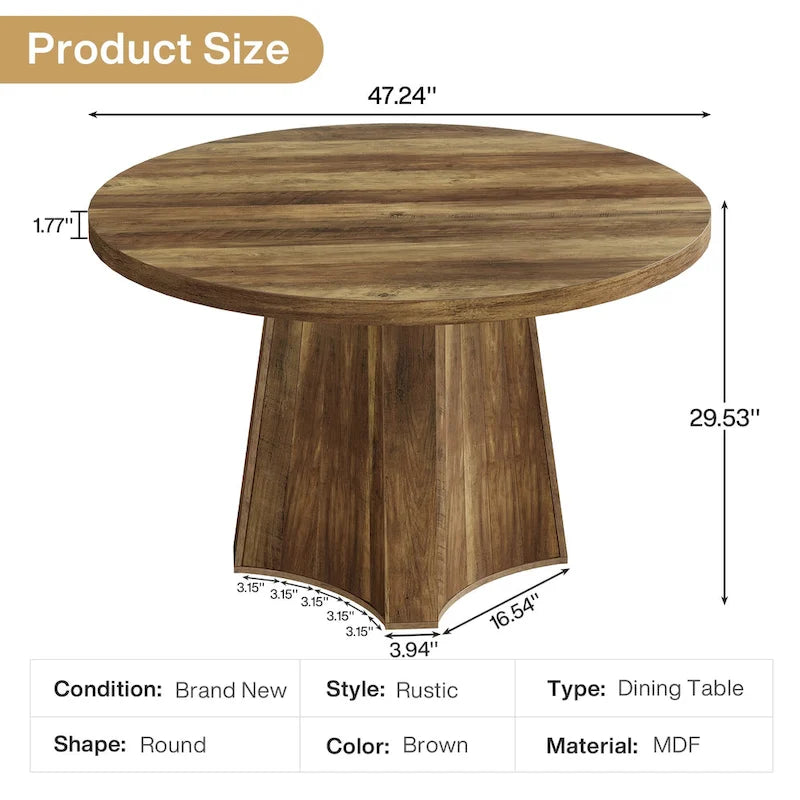 Table à manger ronde sur pied en bois marron de style rustique pour 4 à 6 personnes