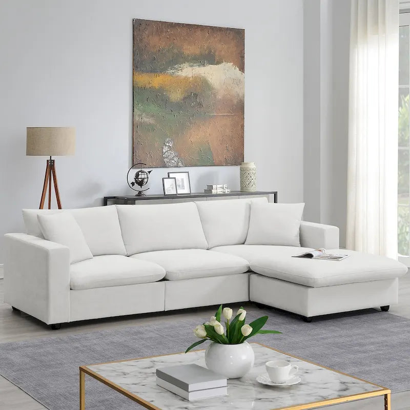 White L-Shaped Chaise Sectional Sofa with Deep Cushioned Seat