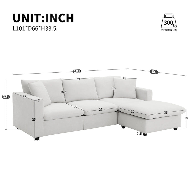 White L-Shaped Chaise Sectional Sofa with Deep Cushioned Seat