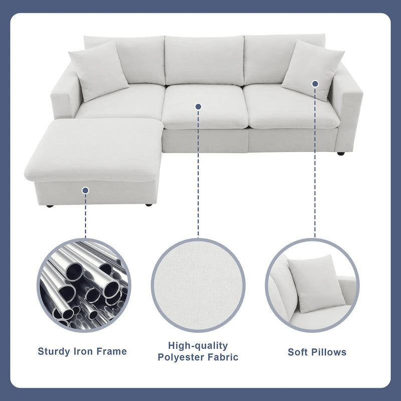 White L-Shaped Chaise Sectional Sofa with Deep Cushioned Seat