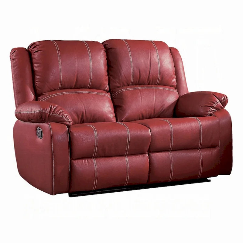 Red Faux Leather Reclining Loveseat with Pillow-Top Armrests and Pocket Coils