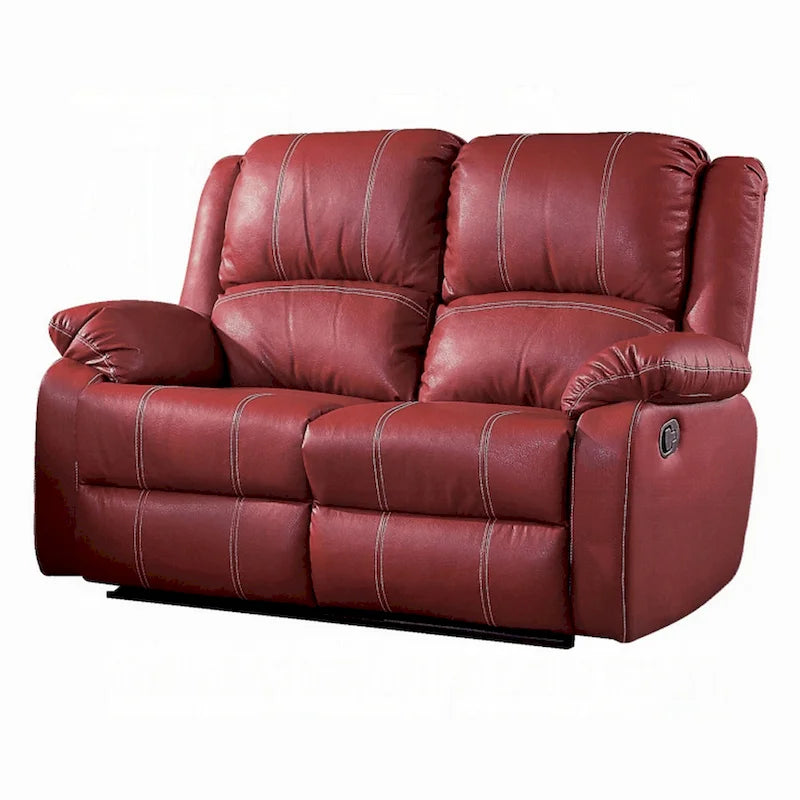 Red Faux Leather Reclining Loveseat with Pillow-Top Armrests and Pocket Coils