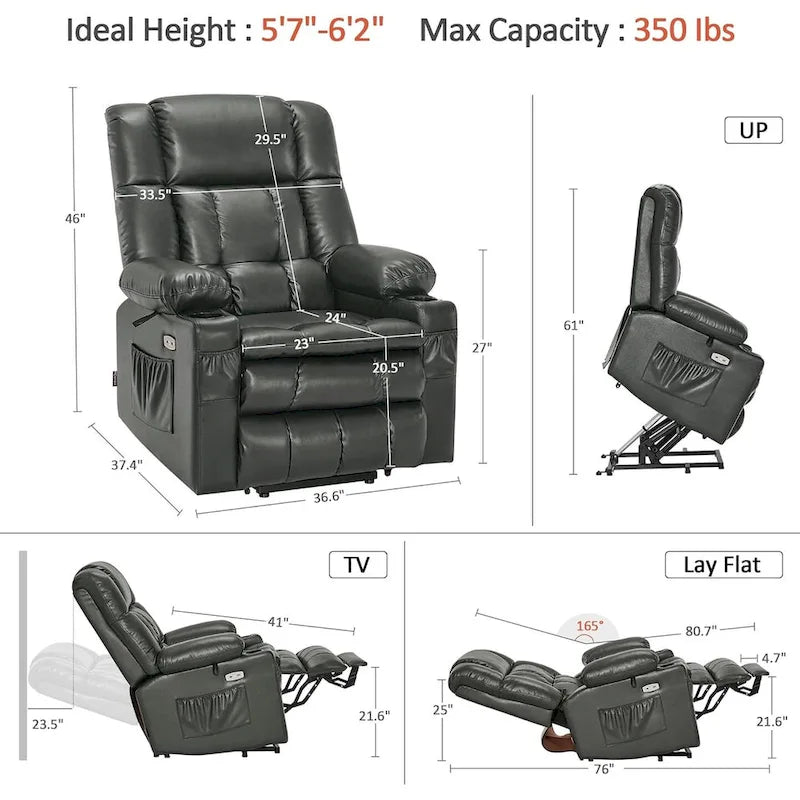 Fauteuil inclinable releveur avec double moteur, massage, chaleur, simili cuir noir