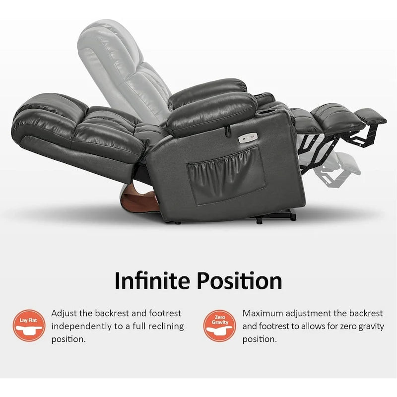Fauteuil inclinable releveur avec double moteur, massage, chaleur, simili cuir noir