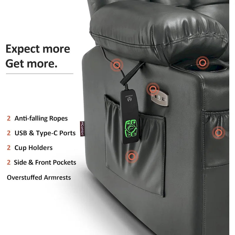 Fauteuil inclinable releveur avec double moteur, massage, chaleur, simili cuir noir