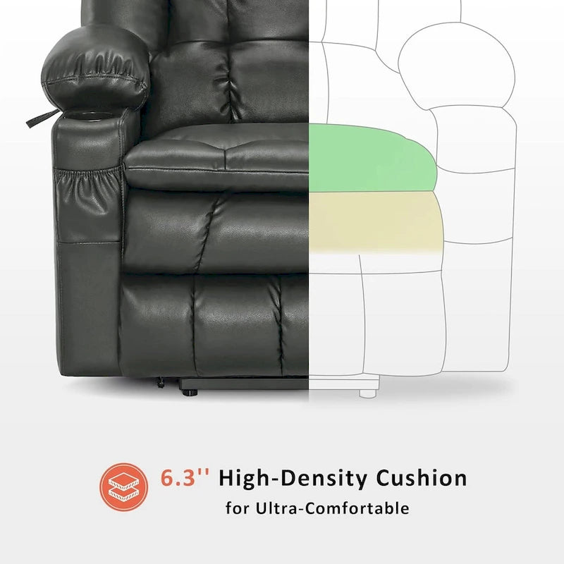 Fauteuil inclinable releveur avec double moteur, massage, chaleur, simili cuir noir