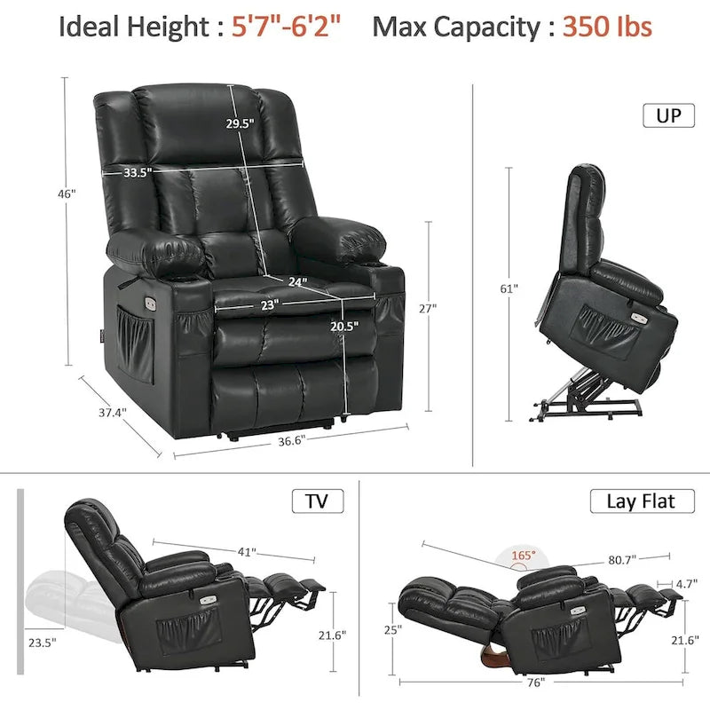 Fauteuil inclinable releveur avec double moteur, massage, chaleur, simili cuir noir