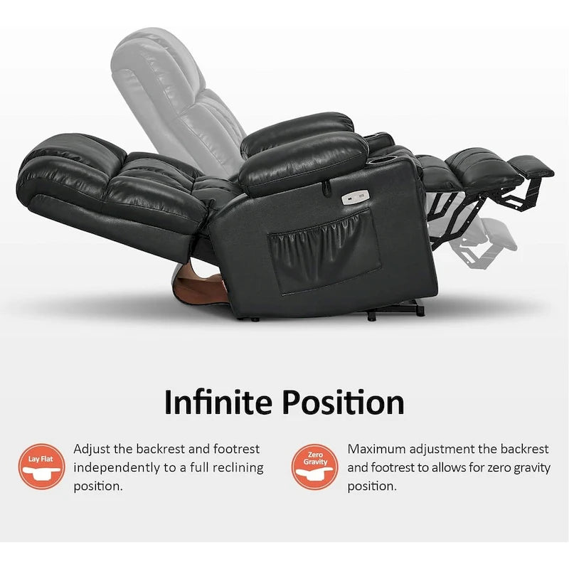 Fauteuil inclinable releveur avec double moteur, massage, chaleur, simili cuir noir