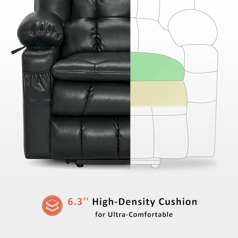 Fauteuil inclinable releveur avec double moteur, massage, chaleur, simili cuir noir