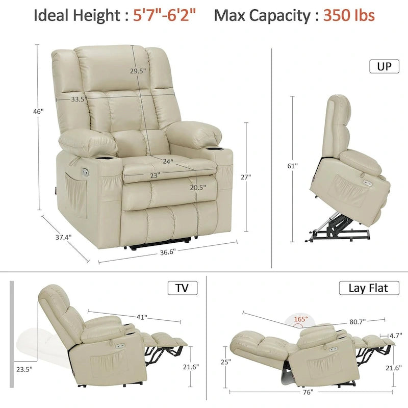 Fauteuil inclinable releveur avec double moteur, massage, chaleur, simili cuir noir