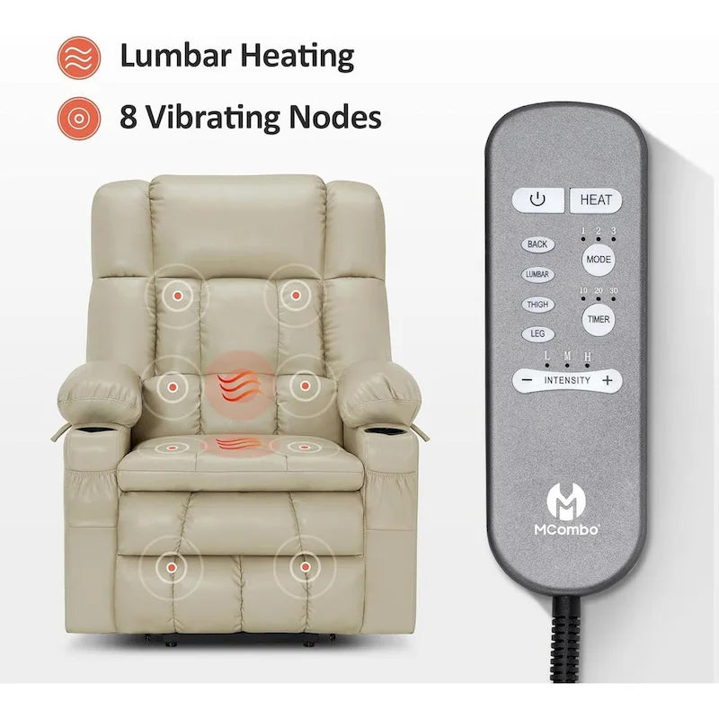 Fauteuil inclinable releveur avec double moteur, massage, chaleur, simili cuir noir