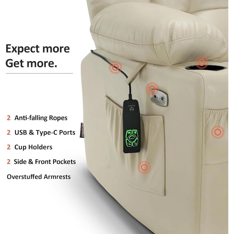 Fauteuil inclinable releveur avec double moteur, massage, chaleur, simili cuir noir