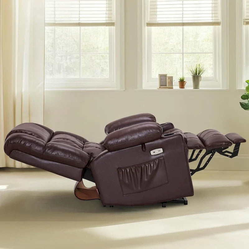 Fauteuil inclinable releveur avec double moteur, massage, chaleur, simili cuir noir